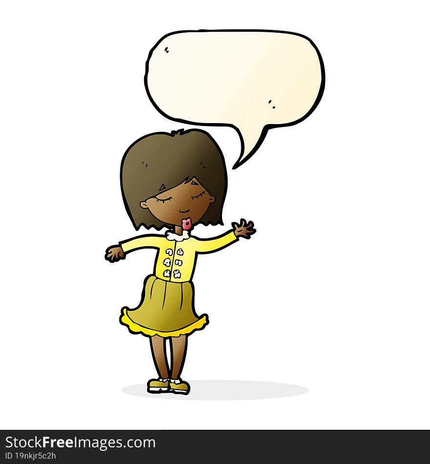 cartoon waving woman with speech bubble