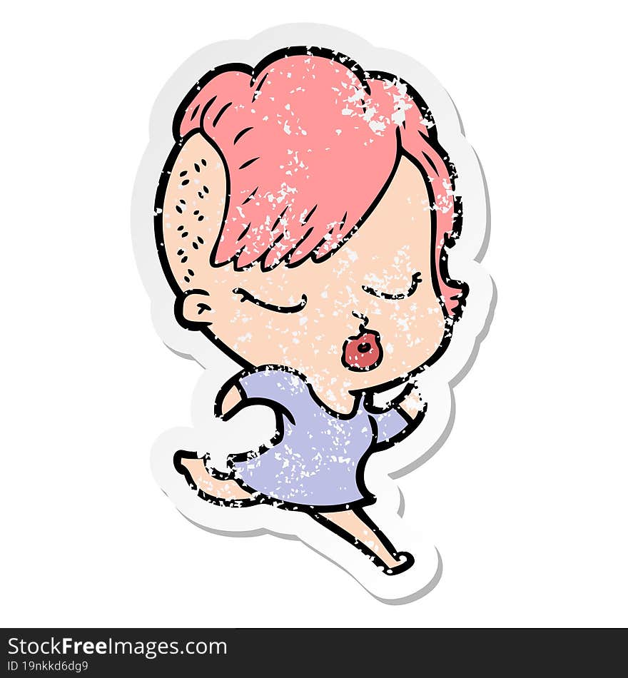 Distressed Sticker Of A Cartoon Pretty Hipster Girl