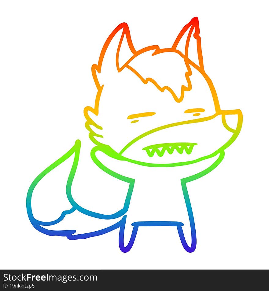 rainbow gradient line drawing cartoon wolf showing teeth