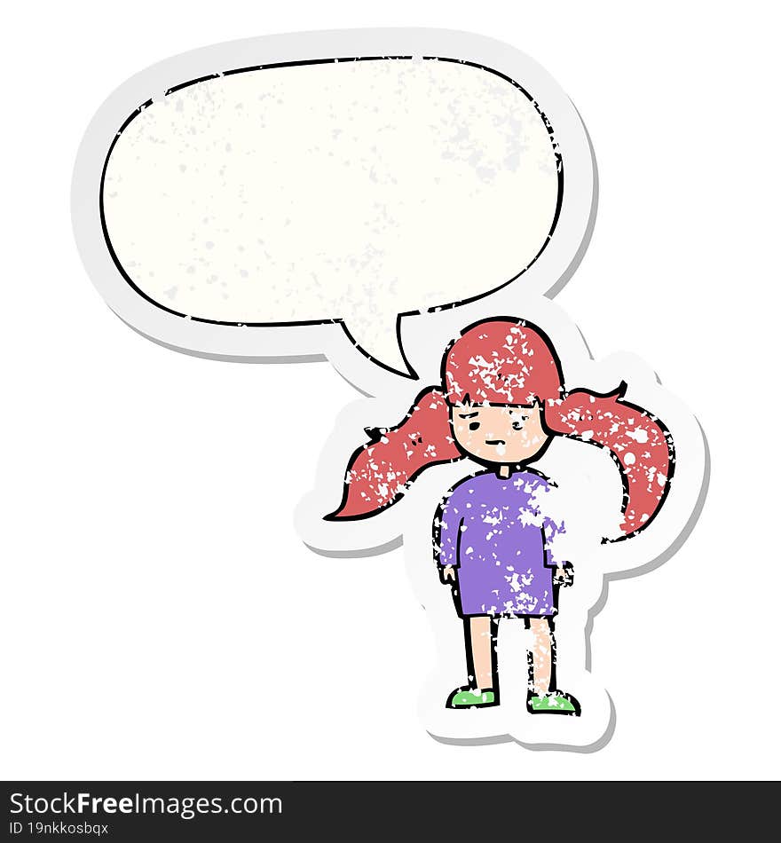 cartoon girl with long hair with speech bubble distressed distressed old sticker. cartoon girl with long hair with speech bubble distressed distressed old sticker