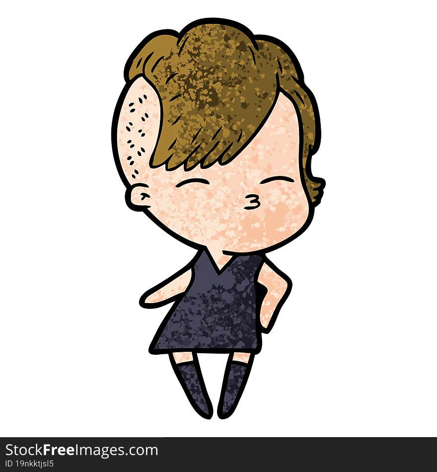 cartoon squinting girl in dress. cartoon squinting girl in dress