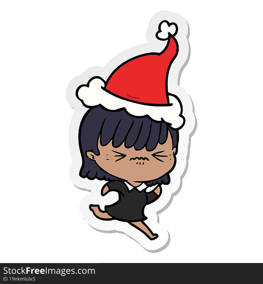 annoyed hand drawn sticker cartoon of a girl wearing santa hat. annoyed hand drawn sticker cartoon of a girl wearing santa hat