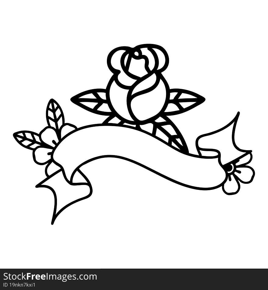 Black Linework Tattoo With Banner Of A Single Rose