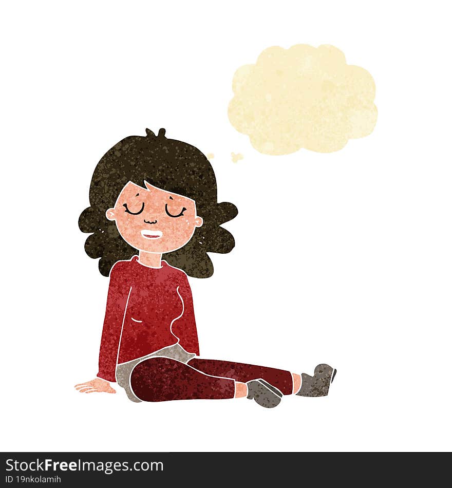 cartoon happy woman sitting on floor with thought bubble