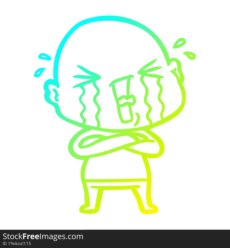 cold gradient line drawing cartoon crying bald man