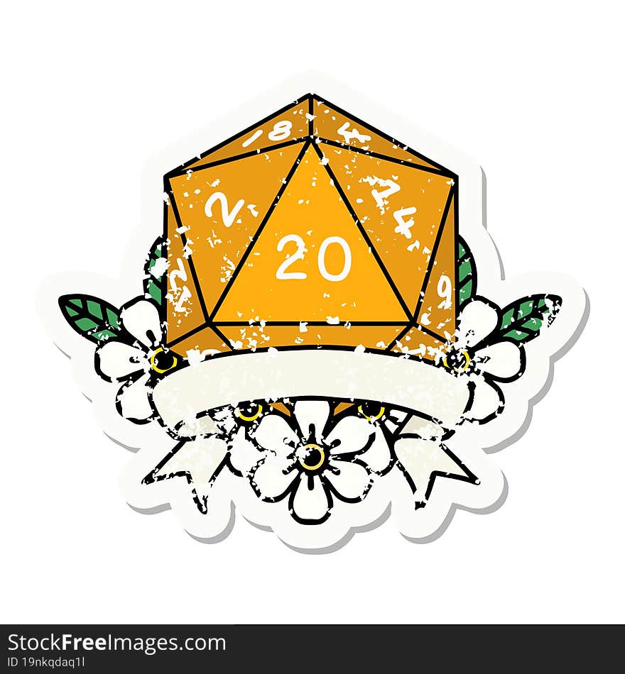 Natural 20 Critical Hit D20 Dice Roll Grunge Sticker