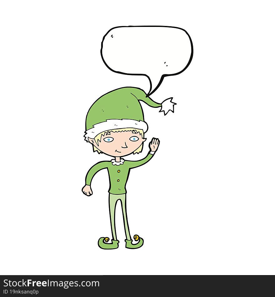 cartoon waving christmas elf with speech bubble