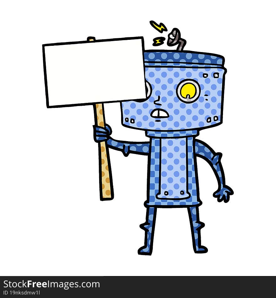 cartoon robot with blank sign. cartoon robot with blank sign