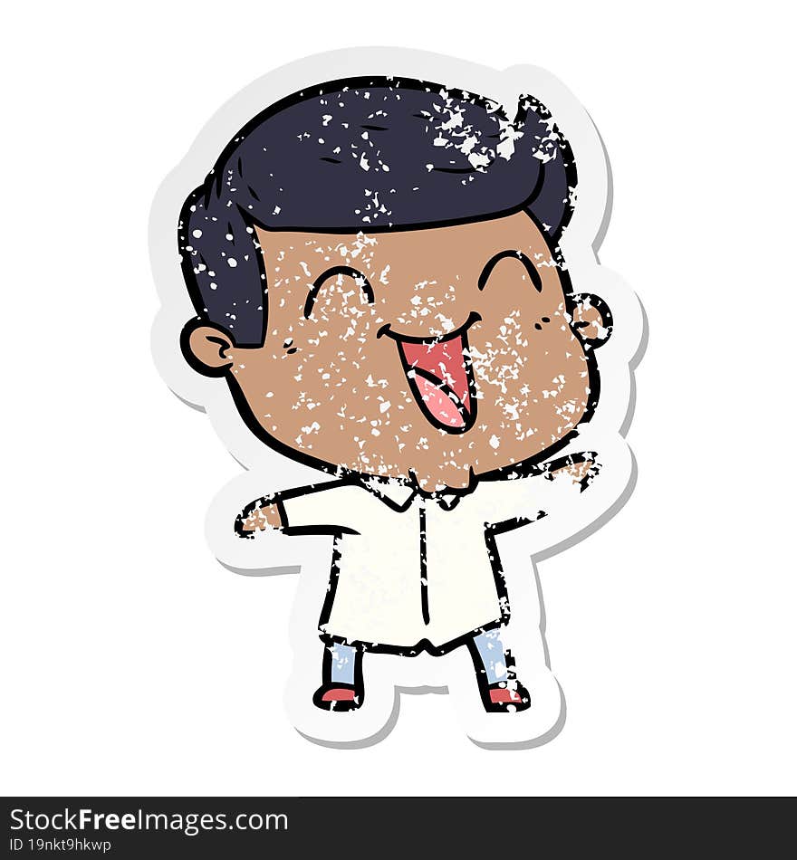 distressed sticker of a cartoon man laughing