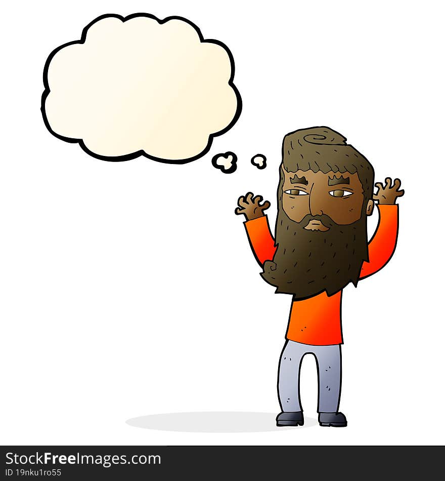 cartoon bearded man waving arms with thought bubble