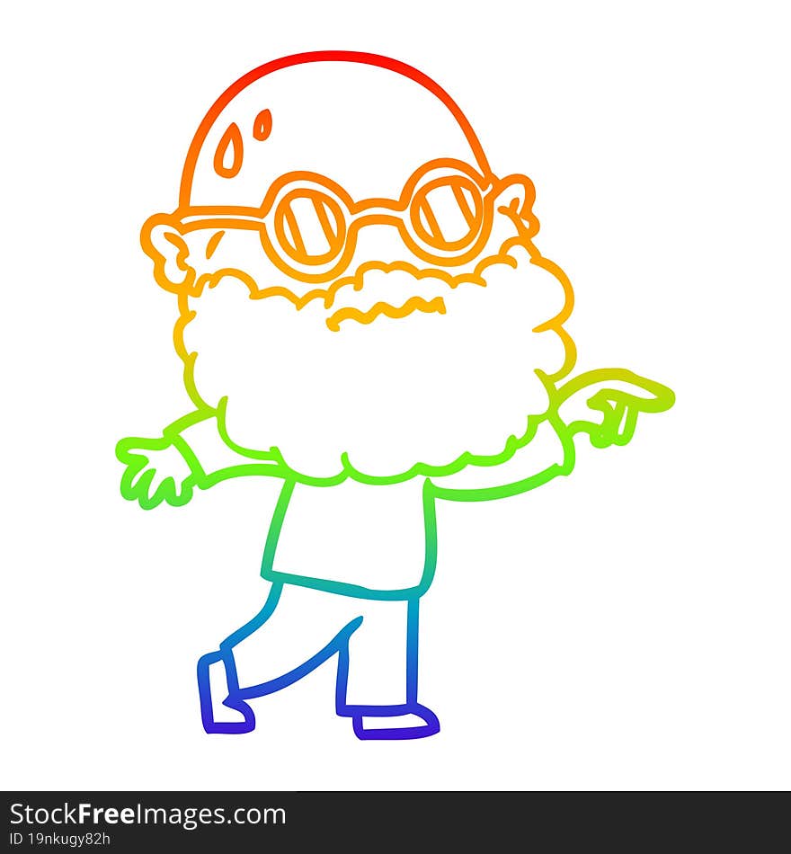 rainbow gradient line drawing of a cartoon worried man with beard and spectacles pointing finger