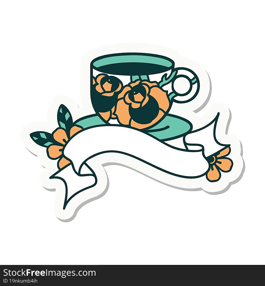 tattoo sticker with banner of a cup and flowers