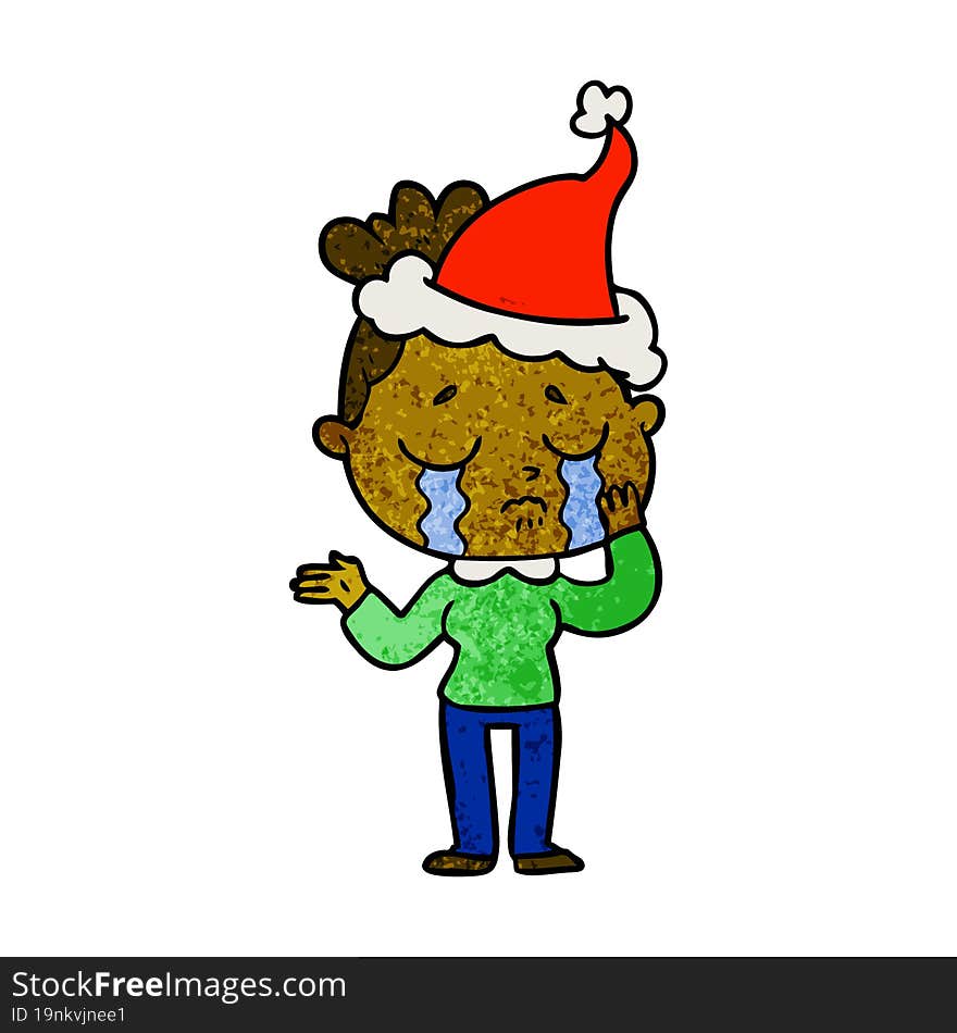 textured cartoon of a crying woman wearing santa hat