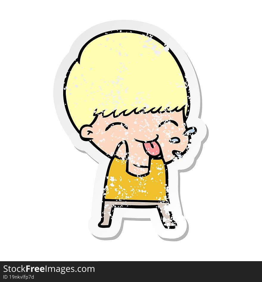 distressed sticker of a cartoon boy blowing raspberry