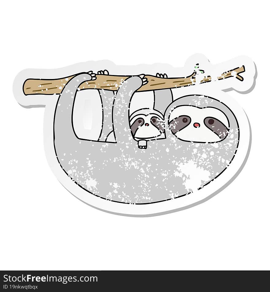 distressed sticker of a quirky hand drawn cartoon sloth and baby