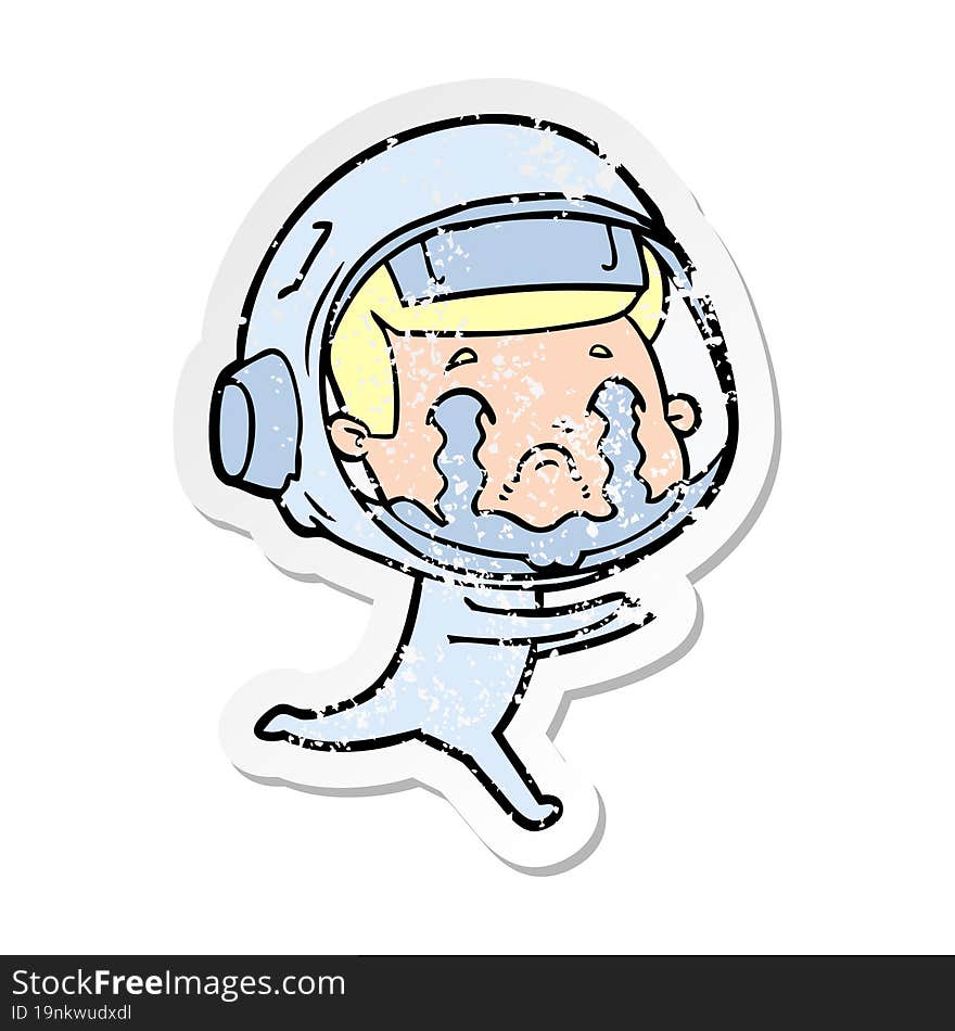 distressed sticker of a cartoon crying astronaut