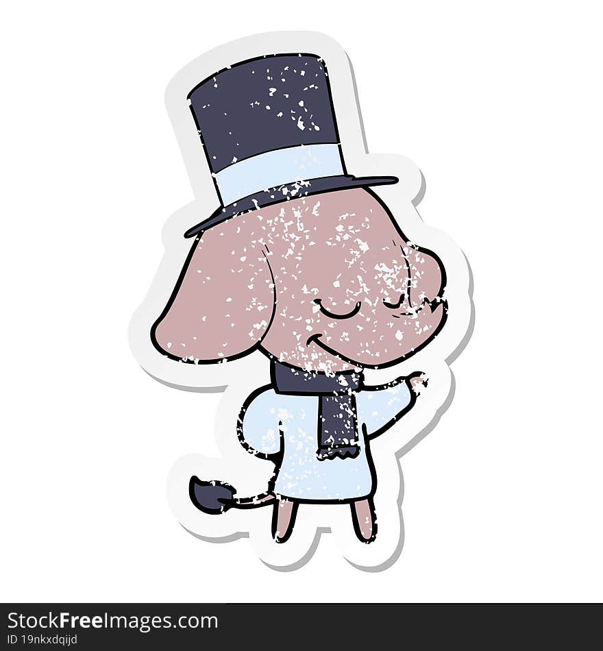 distressed sticker of a cartoon smiling elephant wearing top hat