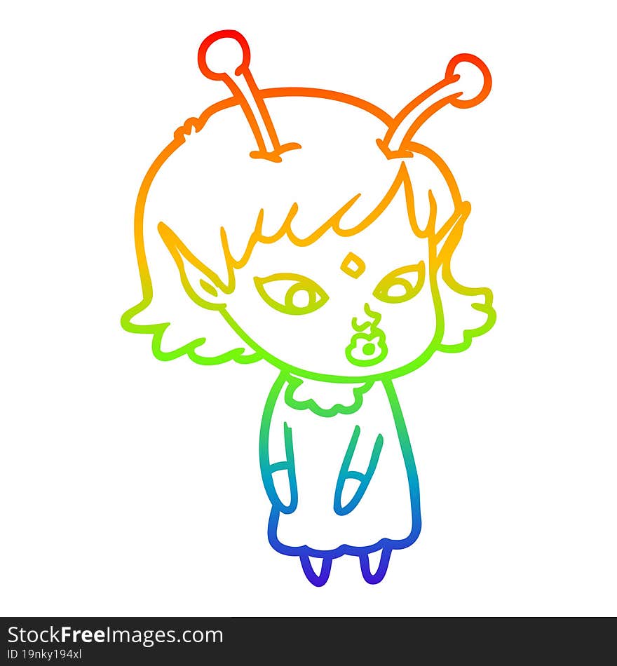 rainbow gradient line drawing pretty cartoon alien girl