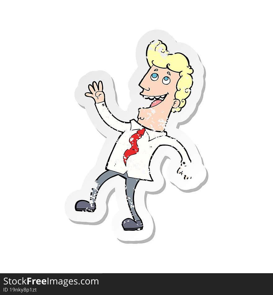 retro distressed sticker of a cartoon happy office man