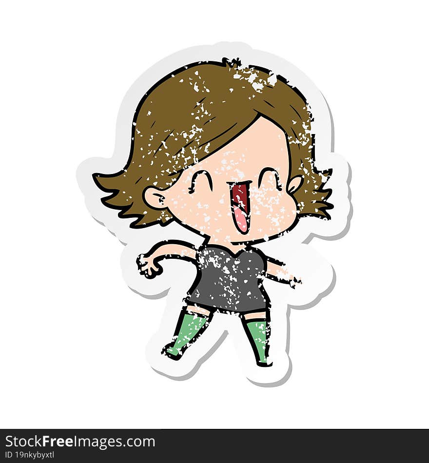 distressed sticker of a cartoon laughing woman pointing