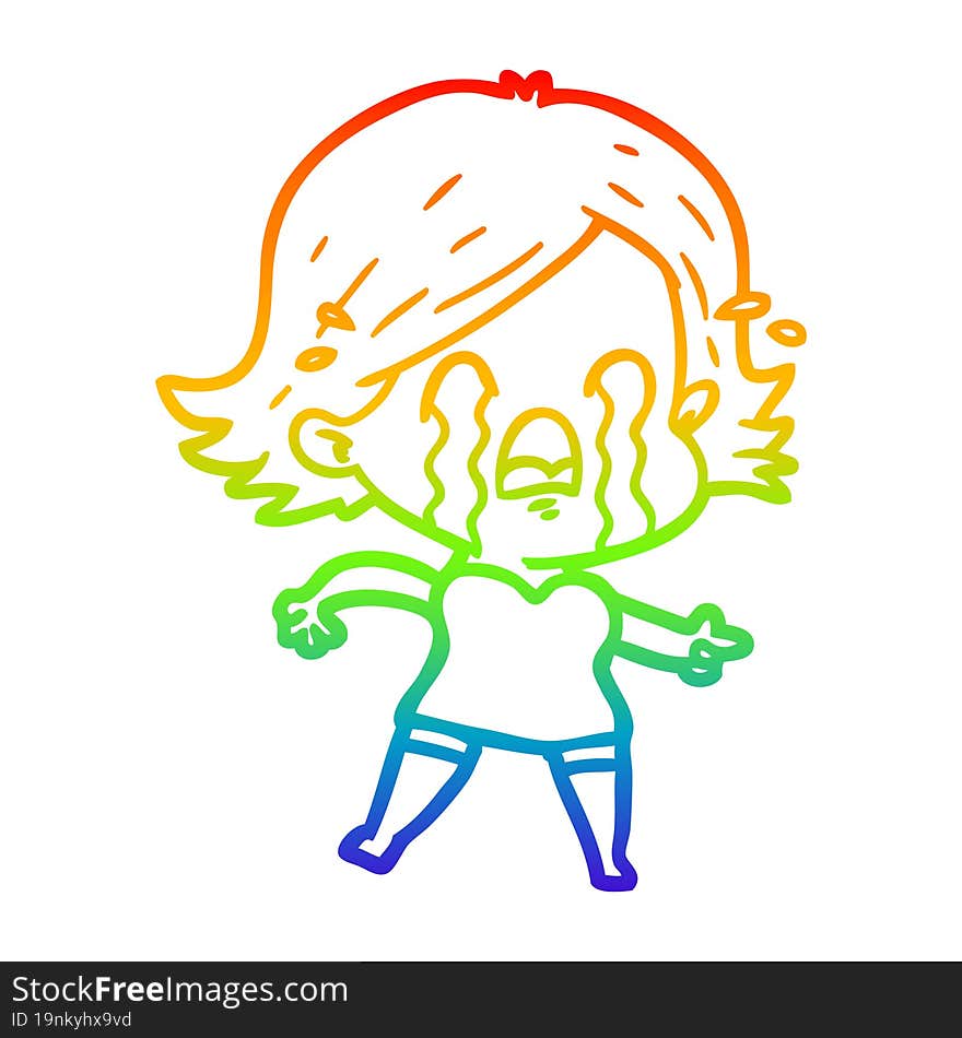 rainbow gradient line drawing of a cartoon woman crying