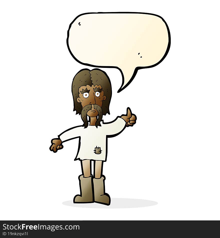 cartoon hippie man giving thumbs up symbol with speech bubble