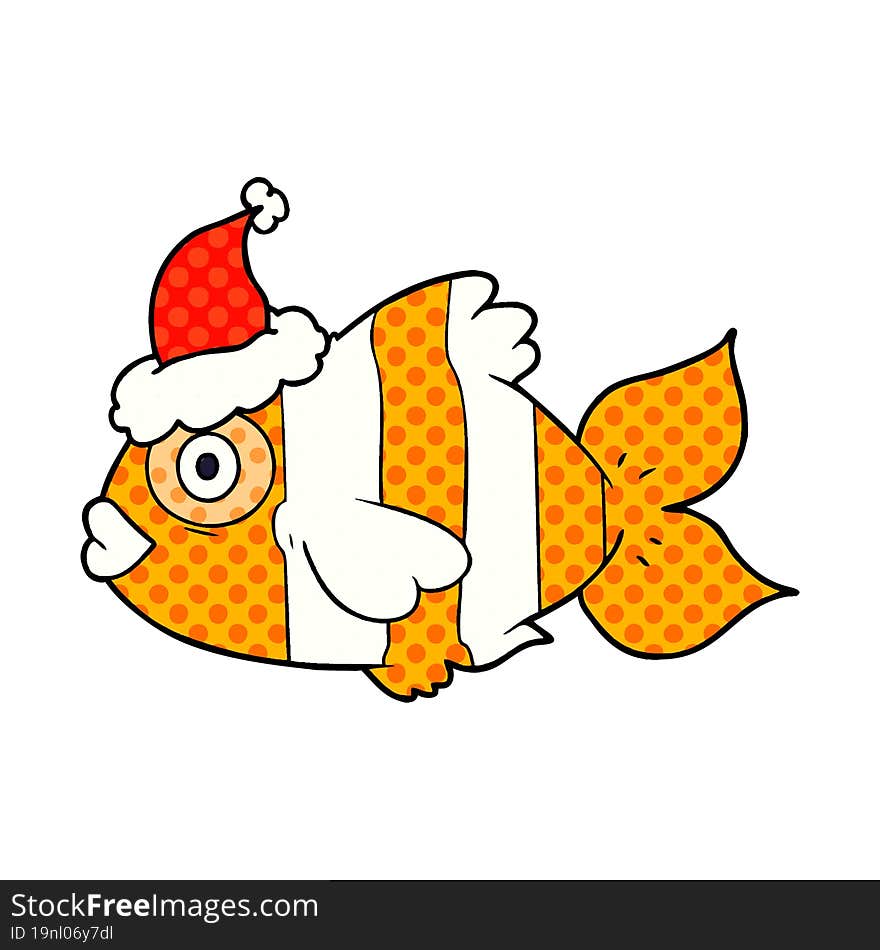 comic book style illustration of a exotic fish wearing santa hat