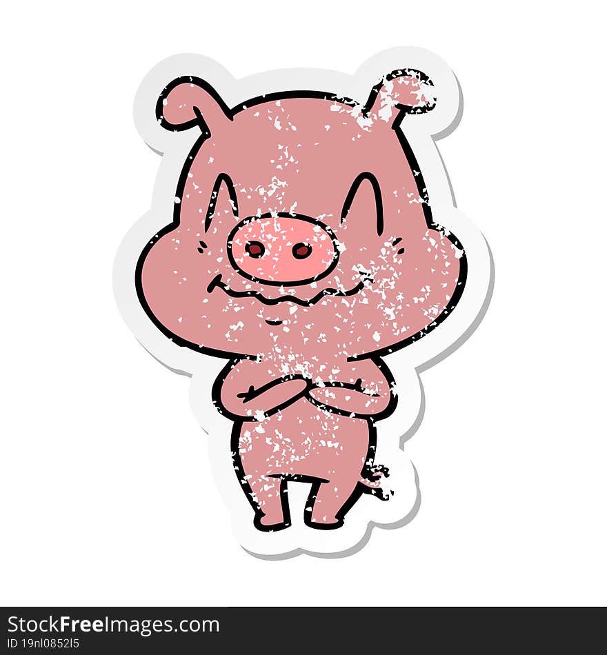 Distressed Sticker Of A Nervous Cartoon Pig