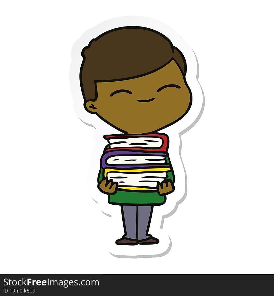 sticker of a cartoon smiling boy with stack of books