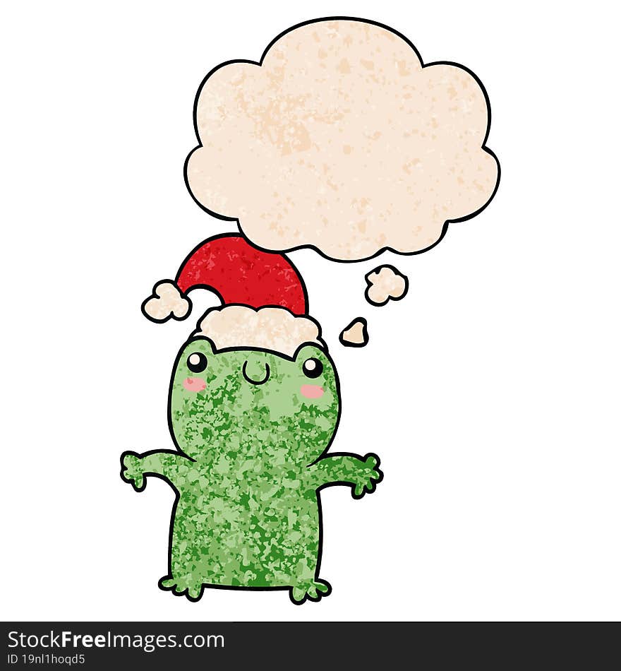 cute cartoon frog wearing christmas hat and thought bubble in grunge texture pattern style