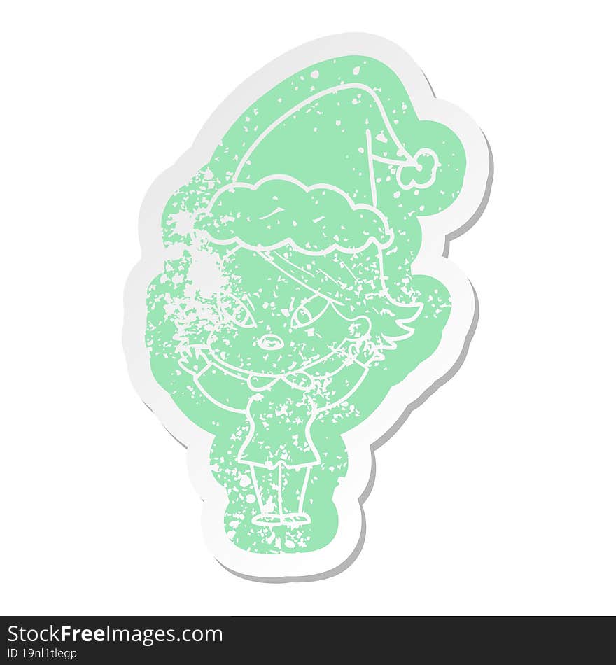 cartoon distressed sticker of a stressed woman wearing santa hat