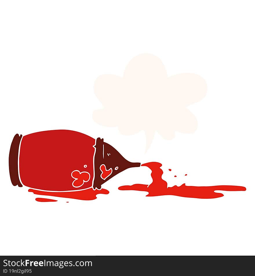 cartoon spilled ketchup bottle and speech bubble in retro style