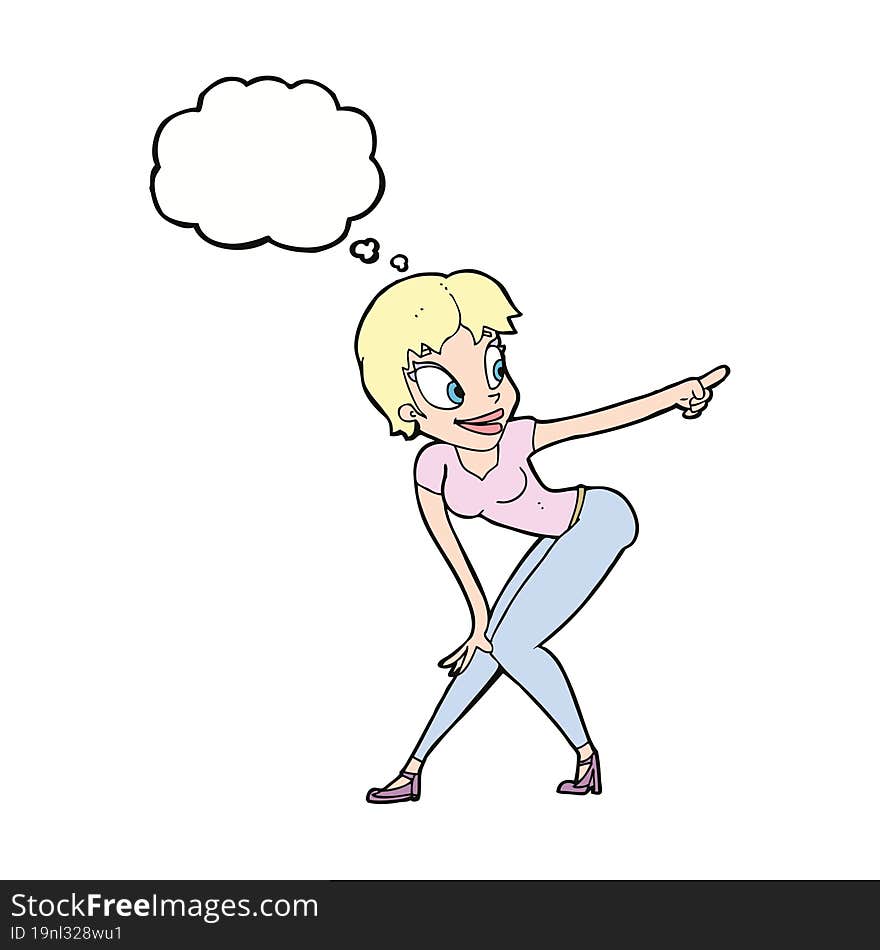 Cartoon Pretty Woman Pointing With Thought Bubble