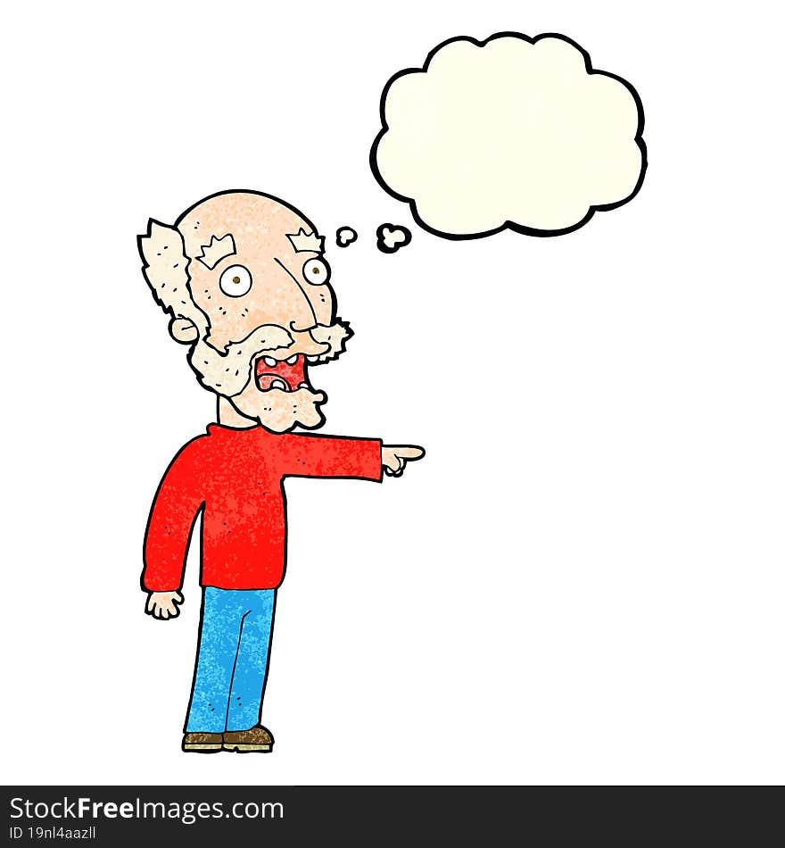 cartoon scared old man pointing with thought bubble