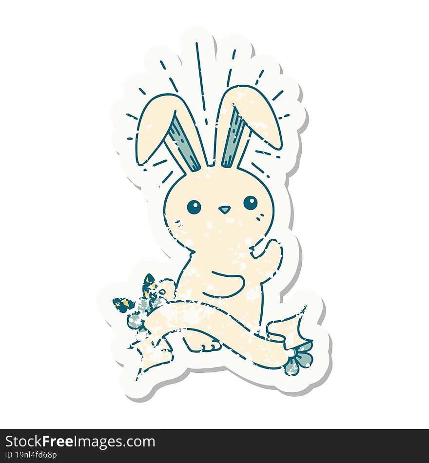 worn old sticker of a tattoo style cute bunny. worn old sticker of a tattoo style cute bunny