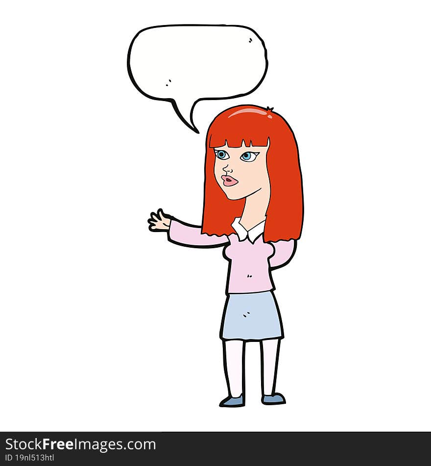 cartoon woman gesturing to show something with speech bubble