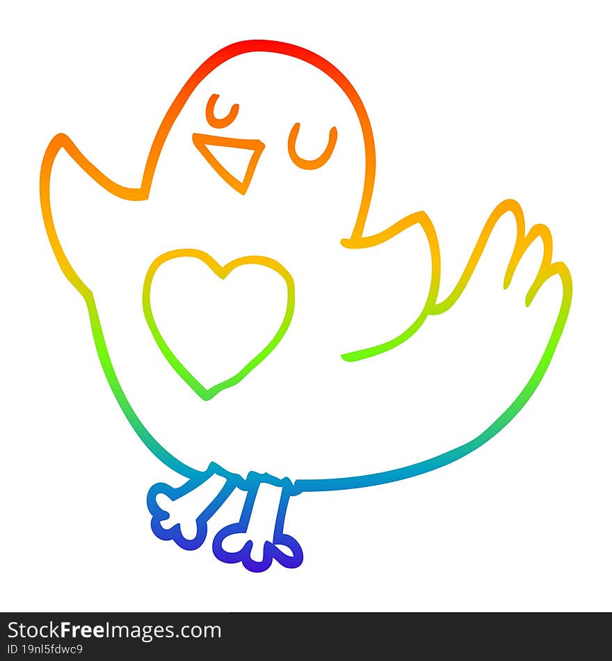 rainbow gradient line drawing cartoon bird with heart