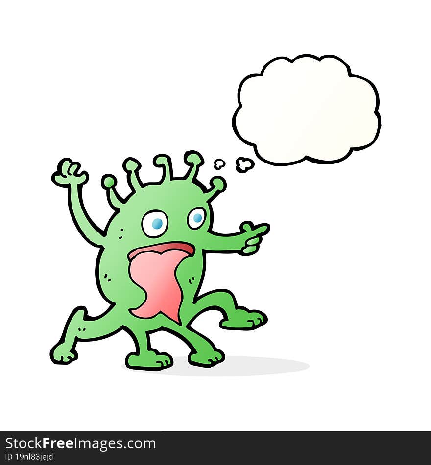 cartoon weird little alien with thought bubble