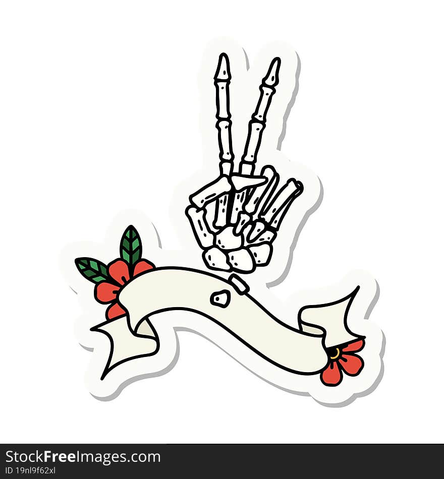 tattoo style sticker with banner of a skeleton giving a peace sign. tattoo style sticker with banner of a skeleton giving a peace sign