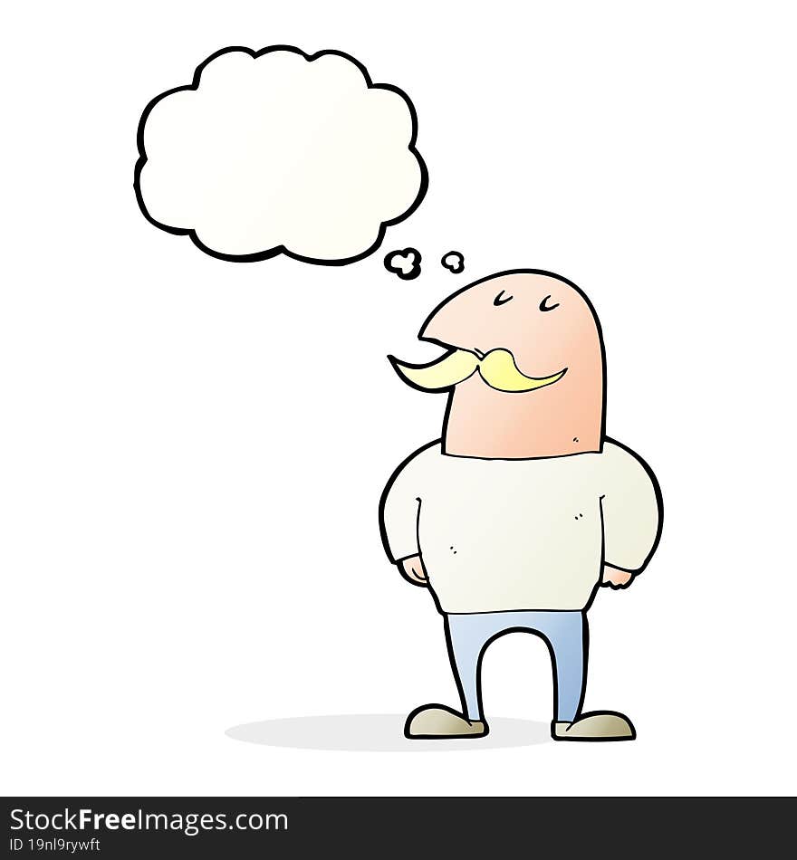 cartoon bald man with mustache with thought bubble