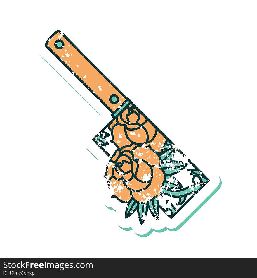 distressed sticker tattoo style icon of a cleaver and flowers