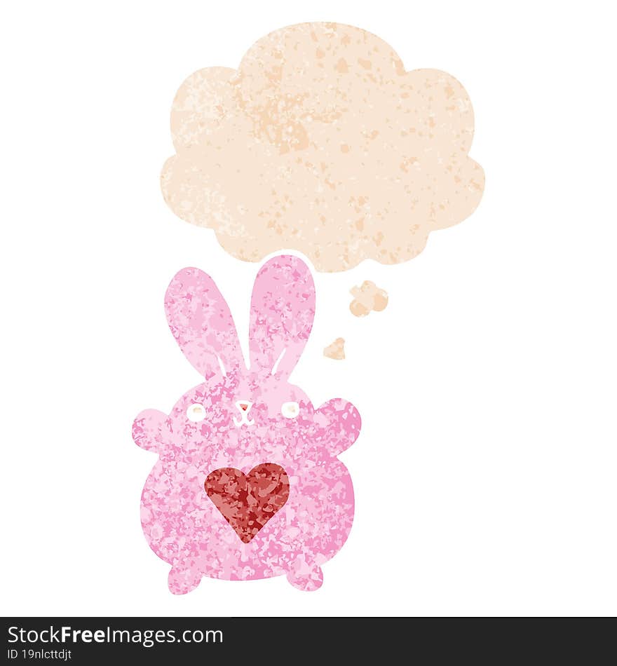 cute cartoon rabbit with love heart with thought bubble in grunge distressed retro textured style. cute cartoon rabbit with love heart with thought bubble in grunge distressed retro textured style