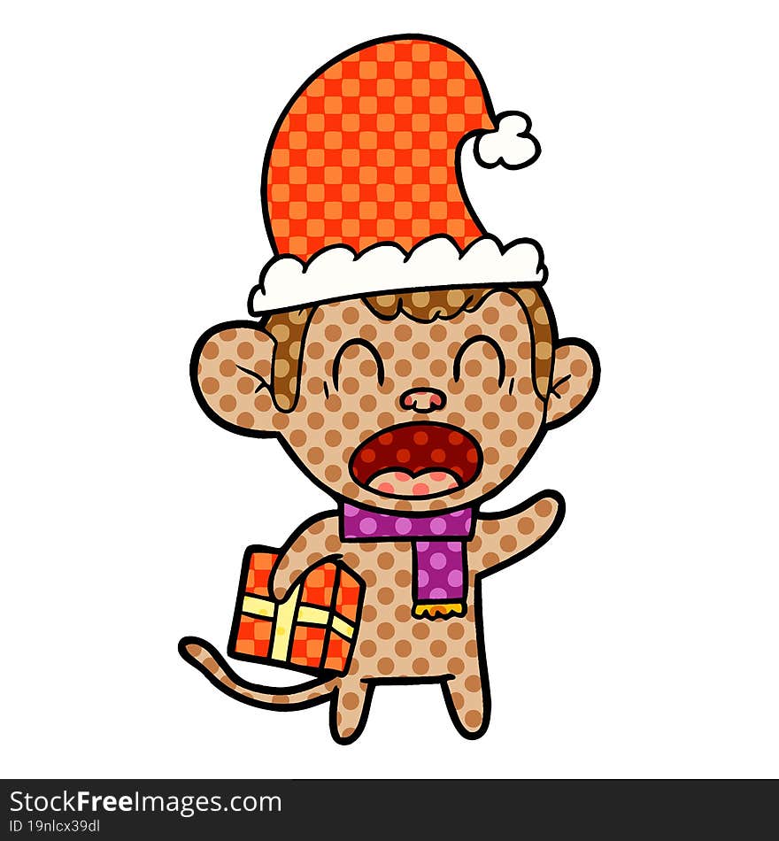 shouting cartoon monkey carrying christmas gift. shouting cartoon monkey carrying christmas gift