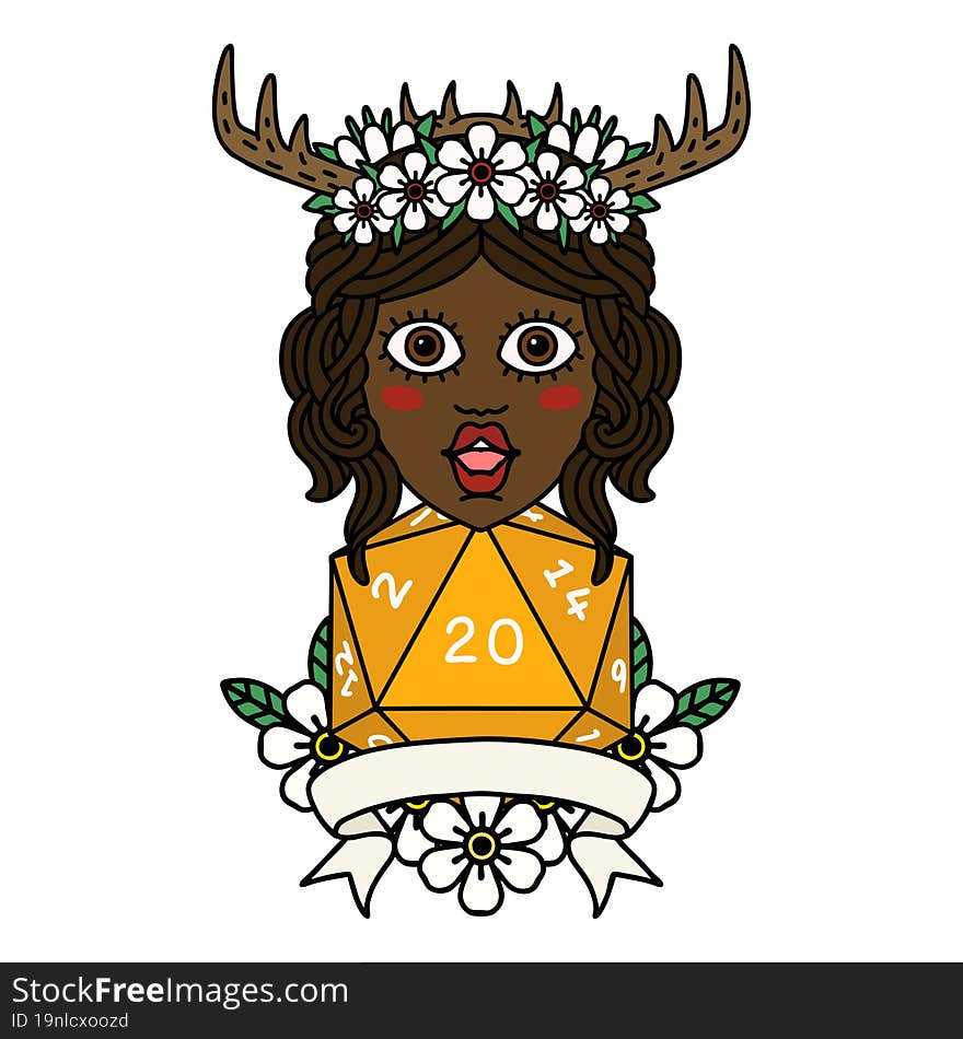 human druid with natural 20 dice roll illustration