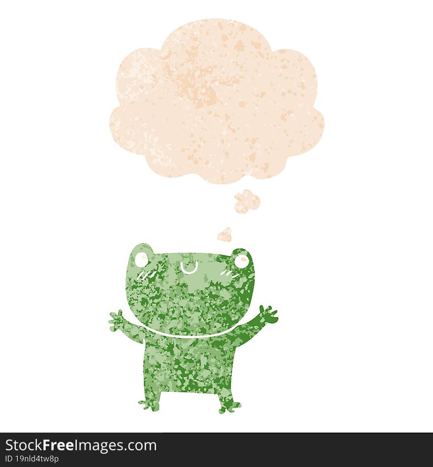 cartoon frog with thought bubble in grunge distressed retro textured style. cartoon frog with thought bubble in grunge distressed retro textured style