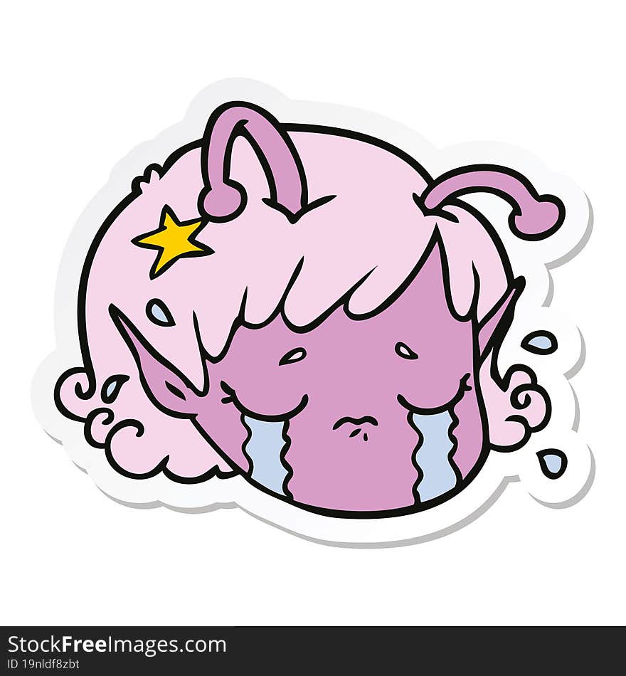 sticker of a cartoon alien space girl face crying