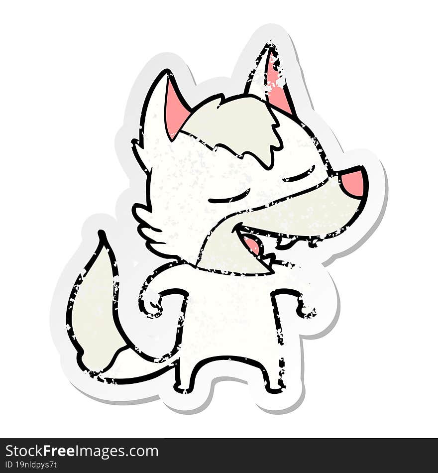 Distressed Sticker Of A Cartoon Wolf Laughing