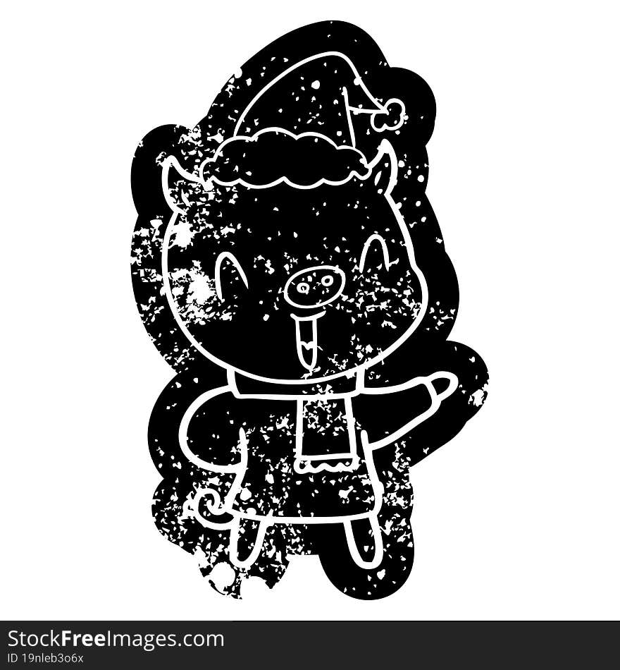 happy cartoon distressed icon of a pig in winter clothes wearing santa hat