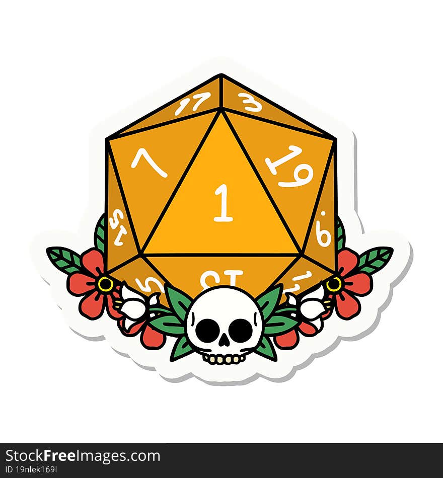 natural one dice roll with floral elements sticker