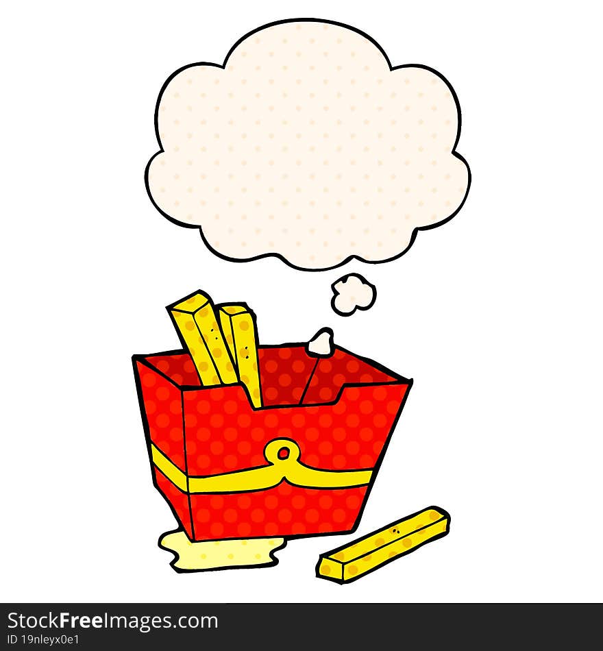 cartoon box of fries and thought bubble in comic book style